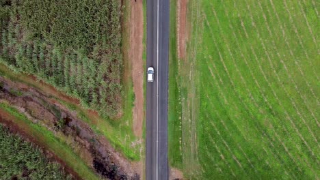 Aerial-Pan-Up-Reveal-From-Moving-Car-On-Highway-In-Cairns-Surrounded-By-Farmlands