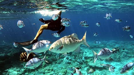 Snorkeling-At-The-Shallow-Blue-Ocean-With-Beautiful-Reef-Fish-And-Scissortail-Sergeants