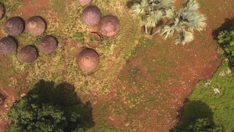 Aerial-view-rustic-houses-in-hidden-village,-Senegal,-Africa,-green-landscape,-cloudy,-high-angle,-drone-shot