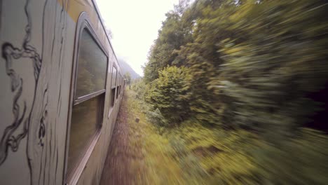 Exterior-of-fast-moving-white-train-in-countryside-forest,-looking-behind,-handheld-backwards,-day