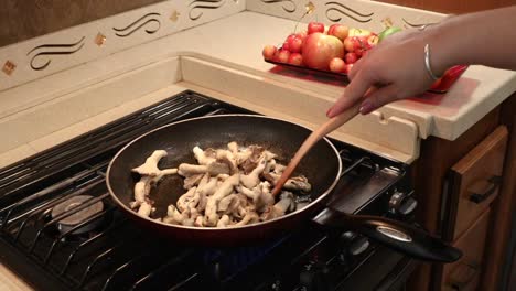 Close-up-of-woman-sauteing-fresh-oyster-mushrooms-in-butter-in-a-skillet-in-an-RV-kitchen