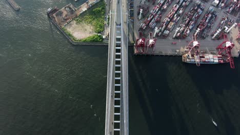 Traffic-on-Stonecutters-bridge,-Hong-Kong,-Top-down-Aerial-view
