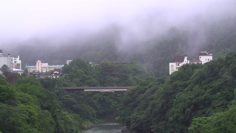 View-Out-On-A-Foggy-Day-In-Kinugawa-Onsen,-Valley,-And-River-In-Nikko,-Tochigi,-Japan