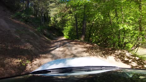 Driver-POV-from-a-white-car-driving-on-mountain-dirt-road-with-reflective-windshield-and-bright-sunlight-shining-through-green-trees-in-countryside-forest-of-southern-Greece
