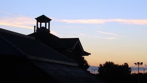 Silhouette-sunrise-orange-sky-bird-flying-alongside-geometric-bell-tower-rooftop-at-dawn