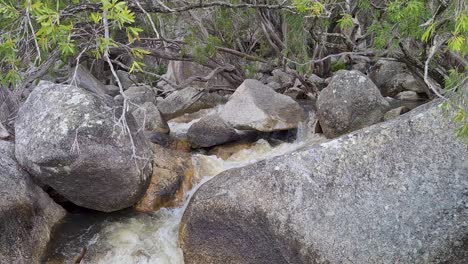 Water-Flowing-In-between-Boulders-And-Rocks-At-Emerald-Creek-Falls,-Cairns,-Australia