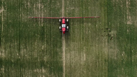 Farmer-Driving-The-Farming-Tractor-And-Spraying-Insecticides-On-The-Wheat-Field-In-Saskatchewan,-Canada---Aerial-drone---top-view