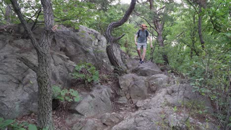 Swet-Male-Hiker-Walking-Down-A-Rocky-Mountain-With-Narrow-Path,-hiking---Medium-Shot