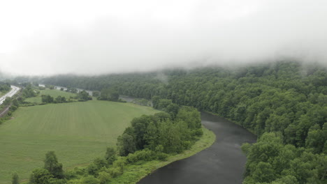 Fly-Over-Drone-Aerial-Footage-at-Upper-Delaware-River-on-a-foggy-morning