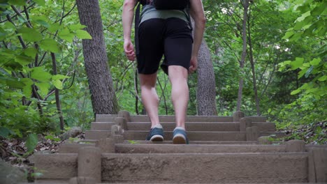 Hiker-walking-up-the-wooden-stairs-in-the-forest-in-summer