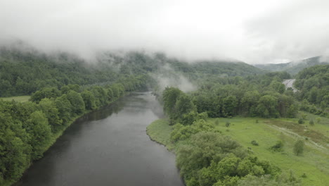 Fly-Over-Drone-Aerial-Footage-over-misty-Upper-Delaware-River