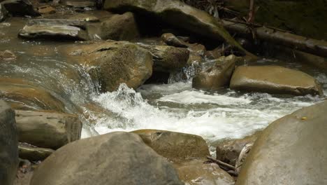 Flüssige-Seele-Des-Waldes,-Wasser-Fließt-Durch-Flussbrocken-4k