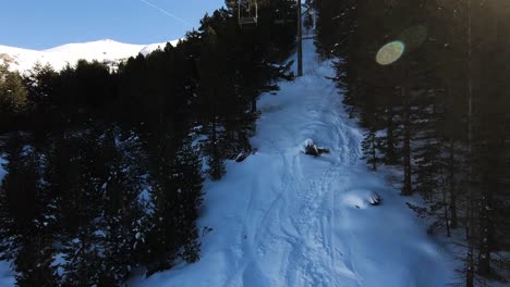 A-shot-from-above-of-an-evergreen-forest-on-a-snowy-mountain-while-riding-on-a-ski-lift