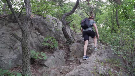 Tourist-with-backpacks-climbs-up-a-steep-rocky-path-in-the-forest