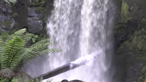 Nahaufnahme-Des-Unteren-Wasserfalls,-Der-In-Den-Fluss-Auf-Den-Baumstamm-Fließt