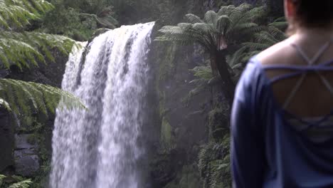 top-of-waterfall-flowing-amongst-ferns-in-rainforest-with-female-admiring