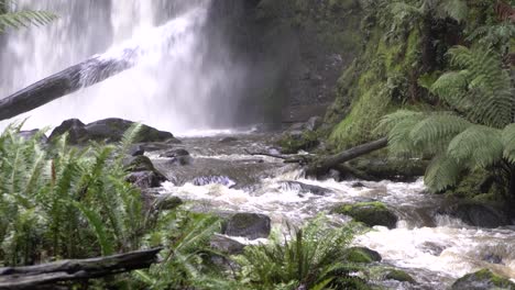 Nahaufnahme-Eines-Felsigen-Flusses-Mit-Wasserfall,-Der-Fließt-Und-Auf-Den-Baumstamm-Fällt