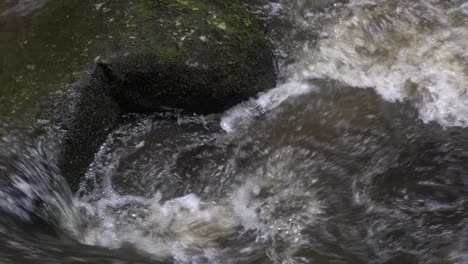 Still-footage-of-murky-river-stream-flowing-around-rock