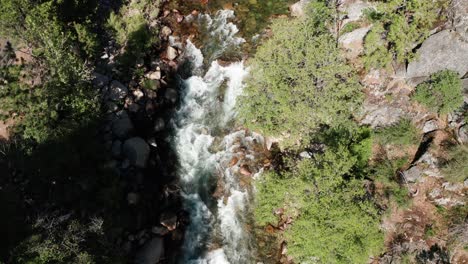 Bird's-eye-shot-of-a-fast-flowing-whitewater-mountain-river