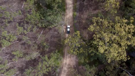 Aerial-Top-Down-View-Of-Moving-Car-On-Dirt-Road-Near-Emerald-Creek-Falls