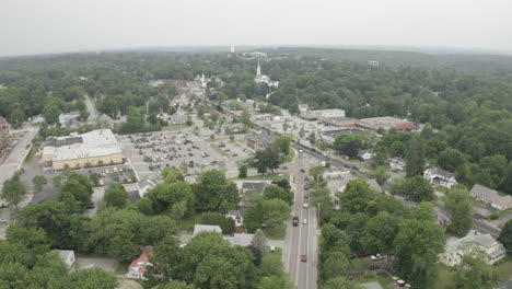 Aerial-Fly-Over-Drone-Footage-looking-West-over-Gorham-Downtown,-Cumberland-County-in-Maine,-USA