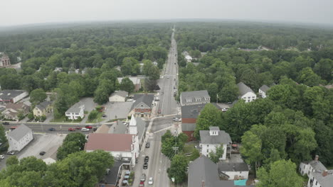 Aerial-Drone-Reveal-Orbit-Footage-over-Gorham-Downtown,-Cumberland-County-in-Maine,-USA