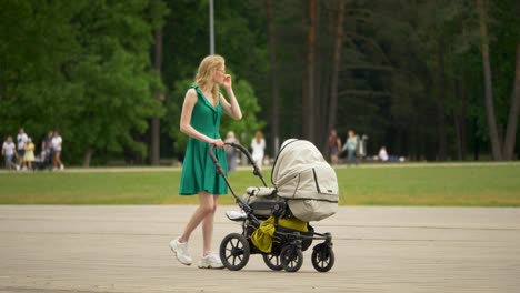 Junge-Mutter-Geht-Mit-Kinderwagen-Im-Park-Spazieren