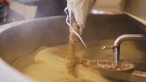 Male-Brewery-Worker-Pouring-A-Sack-Of-Malt-Into-The-Milling-Tank---close-up-slowmo