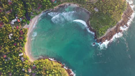 Birds-Eye-Aerial-View-of-Exotic-Hiriketiya-Beach-Bay,-Sri-Lanka,-Tropical-Lagoon-and-Coastline,-Top-Down-Drone-Shot