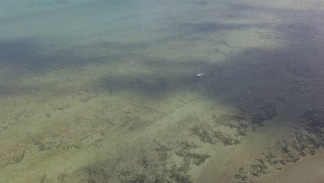 Drone-fly-over-footage-of-a-boat-on-the-Ocean-at-Ascension-Bay,-Punta-Allen,-Mexico