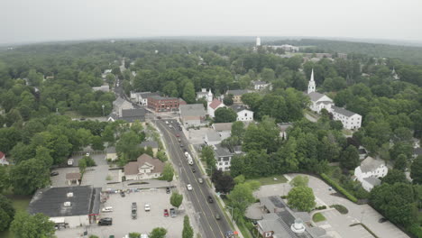 Aerial-Fly-Over-Drone-Footage-looking-West-in-Gorham-Downtown,-Cumberland-County-in-Maine,-USA
