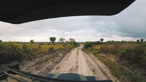 Fast-bumpy-dusty-ride-in-safari-jeep-on-early-morning-in-Africa-heading-to-discover-wildlife.