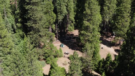 Wide-aerial-shot-of-remote-tent-campsite-nestled-in-a-thick-forest