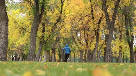 Man-In-Hoodie-Jacket-Jogging-At-The-Park-With-Lush-Trees-In-Autumn---ground-level-shot