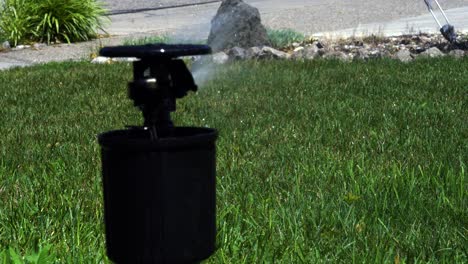 Close-up-take-of-a-sprinkler-watering-a-lush-yard