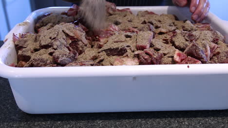 Adding-Spices-And-Water-To-Chopped-Meat-In-Rectangular-Container-Before-Mixing-With-Hands---Sausage-Making---close-up