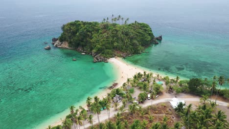 Aerial-View-of-Small-Tropical-Islet-Connected-to-Mainland-With-White-Sand-Beach