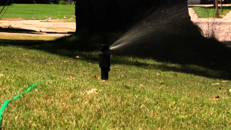 An-Einem-Warmen-Sommertag-Bewässert-Ein-Sprinkler-Den-Rasen