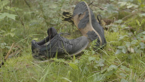 Dolly-out-of-Discarded-and-Worn-hiking-shoes-lying-in-the-forest