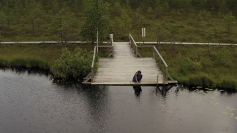 Aerial-Revealing-woman-kneel-on-footbridge-to-touch-water-in-swamp