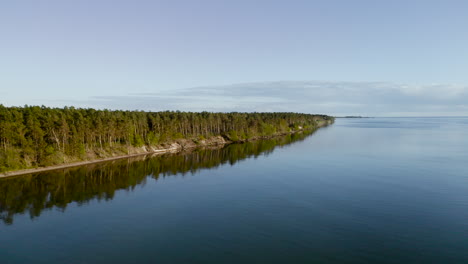 Sweeping-aerial-drone-shot-of-Öland,-Sweden-looking-at-the-coastal-line-sea-side-at-the-shore-where-green-lush-pine-forests-meet-beach-cliffs-blue-water-vacation-clear-skies-beautiful-nature