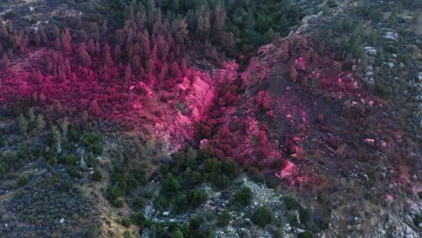 Wildfire-prevention,-red-fire-retardant-dropped-over-forest-valley,-aerial-view