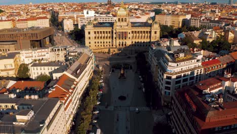 Aerial---Wenceslas-Square-in-Prague,-Czech-Republic,-wide-shot-forward-tilt-down