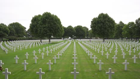 Amplia-Toma-En-Movimiento-Hacia-Atrás-De-Filas-De-Cruces-Blancas-En-El-Cementerio-Y-Memorial-Americano-De-Los-Países-Bajos-En-Margraten,-Holanda