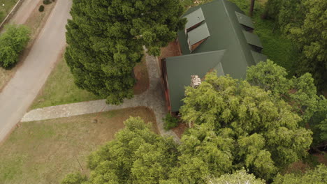 Drone-zoom-out-slight-tilt-down-view-of-the-trees-surrounding-a-public-accommodation-cabin-inside-Plumas-National-Forest-in-California