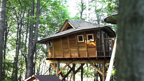 FHD-shot-of-a-luxurious-tree-house-accommodation-in-Dolní-Morava,-Czech-Republic,-in-a-forest,-with-two-blurred-tree-trunks-in-front-of-the-shot