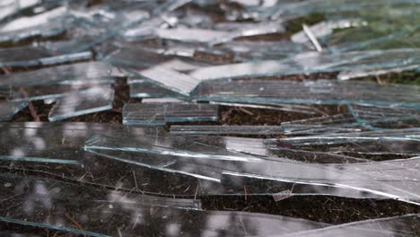 Pieces-of-broken-glass-lying-on-the-ground,-closeup
