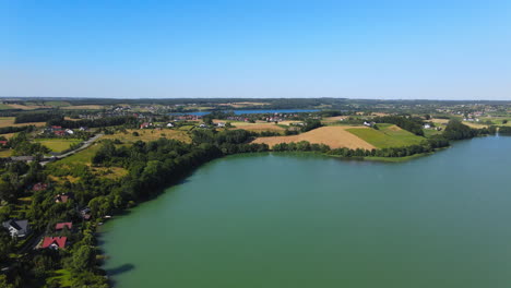 Aerial-panorama-landscape-of-natural-lake,-agricultural-fields-and-blue-sky-during-summer