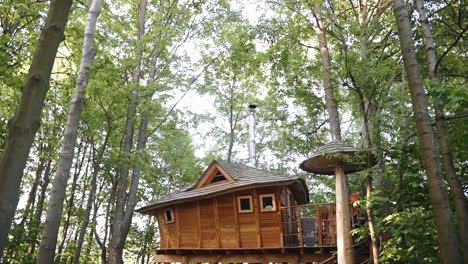 Zooming-FHD-shot-of-a-luxurious-wooden-tree-house-in-a-forest-in-Dolní-Morava,-Czech-Republic,-under-a-canopy-of-trees