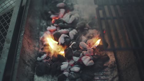 Smoke-From-Burning-Charcoal-In-The-Charcoal-Canister-Of-A-Griller-In-Tokyo,-Japan---close-up-slowmo